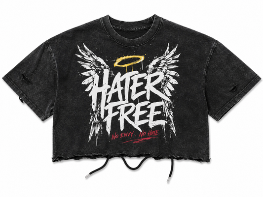 Hater Free Women's Cropped Graphic Tee-Acid Wash Black